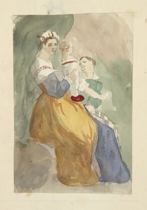 Two seated women, one holding a baby