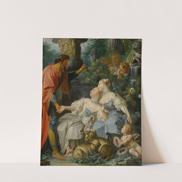 Two shepherdesses in a garden speaking to a shepherd, a putto below and three young men behind them by Jean-Baptiste Huet