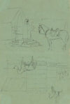 Two sketches of horse outside tent