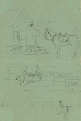 Two sketches of horse outside tent