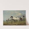 Two Skewbalds, a grey and spaniel in an extensive landscape, a country house beyond by Edmund Bristow