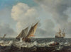 Two ‘smalschips’ and a rowing boat on choppy waters, a man-of-war and another sailing vessels beyond, a town on the horizon