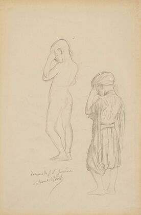 Two studies of a standing boy holding his hands up in prayer