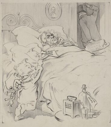 Two toddlers, ‘Life Insurance Scandal’ and ‘Rail Road Scandal,’ climb into bed with ‘Corporate Corruption’ (1909)