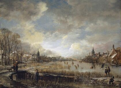 Two Towns on a Frozen River with Golf Players and Ice Skaters