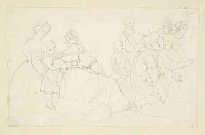 Two women and a boy and a group of men and boys