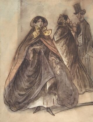 Two Women and a Man with a Top Hat and a Monocle