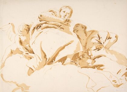 Two Women and a Winged Boy on Clouds