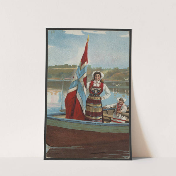 Two women dressed in traditional Norwegian costumes with flags in a boat by John Fredrikson Bog &amp; Kunstfolag