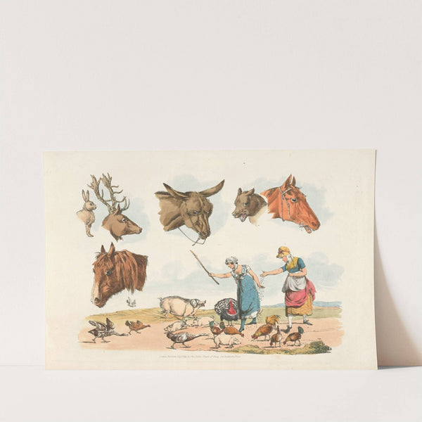 Two women feeding domestic birds, (also six heads of domestic and wild animals) (1817-1818) by Henry Thomas Alken