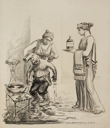 Two women, representing Civilization and Democracy, wear surgical masks and scrub down Kaiser Wilhelm II with disinfectant (1919) — size preview