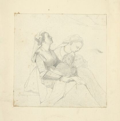 Two women seated, wearing veiled head pieces, each holding an infant
