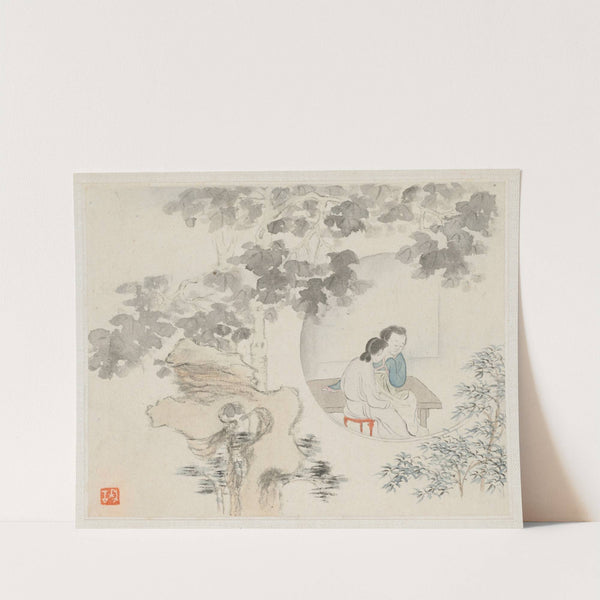 Two Women Sit at a Table within a Circle Visible in a Landscape by Hua Yan