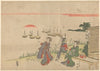 Two Women with Man Watching Sun Rise over Shinagawa Bay
