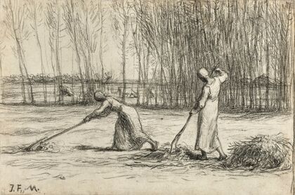 Two women working hay