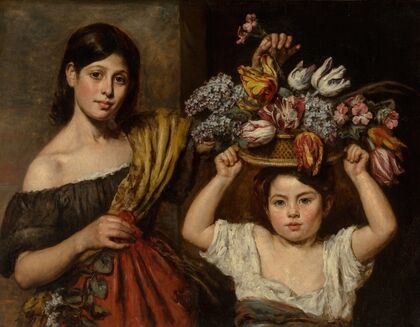 Two young children with a basket of flowers