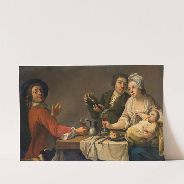 Two Young Men And A Woman Holding A Child Seated At A Table, Drinking Wine (18th Century) by French School