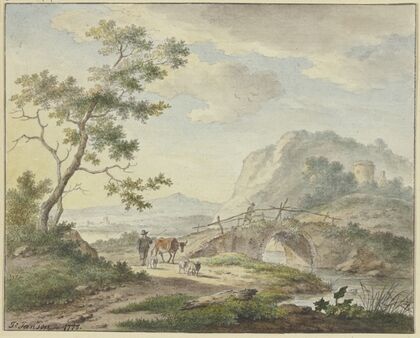 Über eine steinerne Brücke geht ein Mann, auf dem Weg ein Bauer mit einer Kuh und Schafen