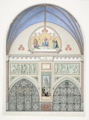 Udkast til hvÃ¦lvingens dekoration i Christian IV’s kapel i Roskilde Domkirke. I midten Christian IV som barn. Herover to friser med scener fra kongens liv