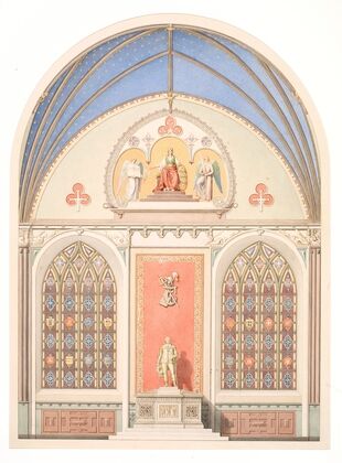 Udkast til hvÃ¦lvingens dekoration i Christian IV’s kapel i Roskilde Domkirke. Udsmykning i midten med statue af Christian IV