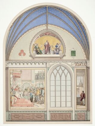 Udkast til hvÃ¦lvingens dekoration i Christian IV’s kapel i Roskilde Domkirke. Udsmykning t.v. med Chr. IV som dommer