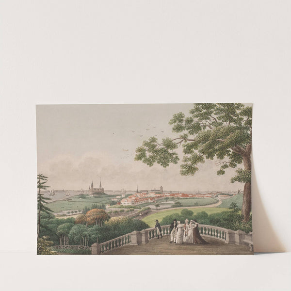 Udsigt af Helsingør, Kronborg og Øresundet imellem kysterne af Sjælland og Skåne. Tegnet på terrassen i hangen ved Marienlyst by Søren L. Lange