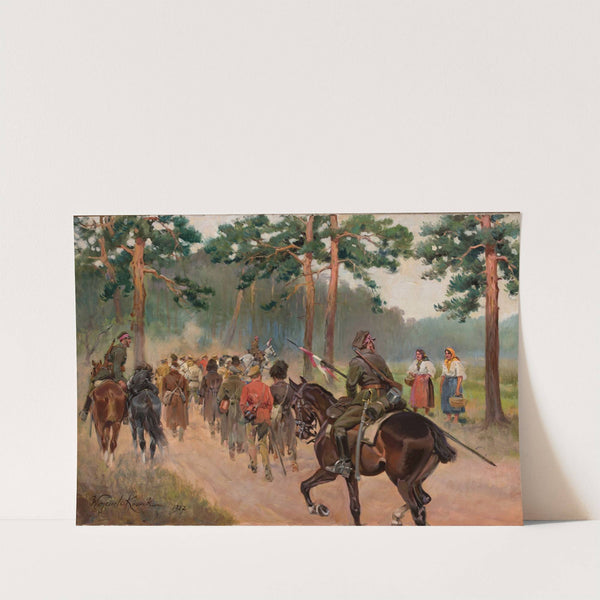 Uhlans escorting captives down a forest track (1927) by Wojciech Kossak