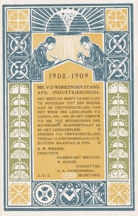 Uitnoodigingskaart voor een tentoonstelling van de My. v,d Werkenden stand afd. Industrieschool (1909) — size preview