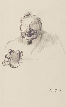 Un homme en buste tenant un verre dans la main droite