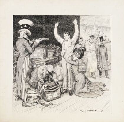 Uncle Sam as a bandit holds up a young couple at customs (1898)