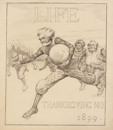 Uncle Sam as a football player is running with the ball (1899)
