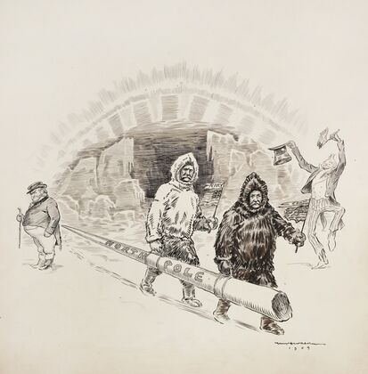 Uncle Sam cheers as explorers Perry and Cook make it to the North Pole for the United States (1909) — size preview