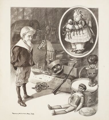 Uncle Sam, depicted as a boy, looks over his toys (1899)