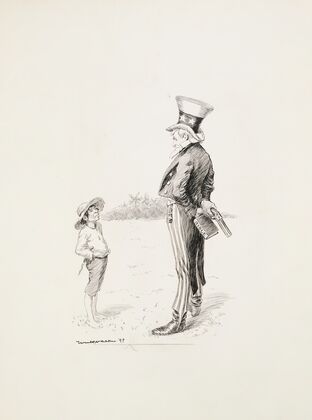 Uncle Sam, holding a gun and a Bible behind his back, talks to a man from a tropical country. (1899) — size preview