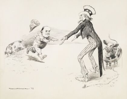 Uncle Sam holds out his arms to William Jennings Bryan to offer him a cow representing a second term. (1899)