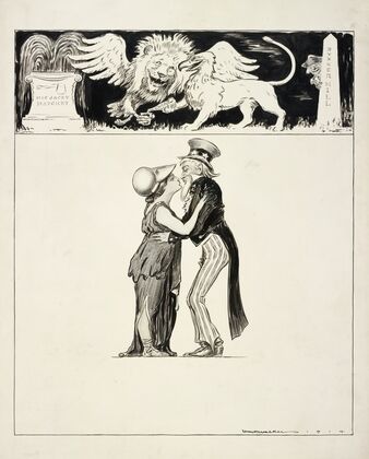Uncle Sam kisses a stout woman, probably representing Great Britain (1914)