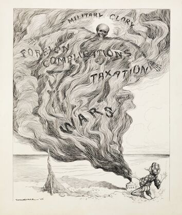 Uncle Sam opens a bottle labeled ‘Cuba’ and a smoke with a skeleton pours out (1898) — size preview