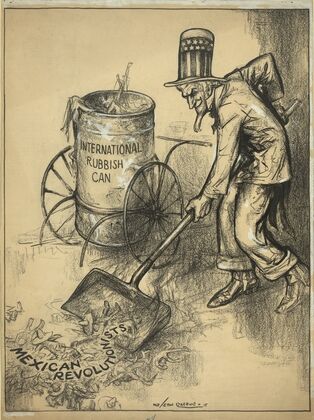 Uncle Sam picking up Mexican revolutionists with a shovel for the international rubbish can (1915)