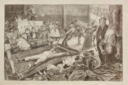 Uncle Sam presides over a court in the U.S. Customs House where women are put in stocks, men are on the rack, and their belongings seized. (1901) — size preview