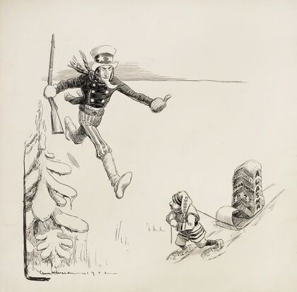 Uncle Sam runs to stop a small man, representing Canada, who is moving the 1825 Alaska Boundary Monument. (1902)