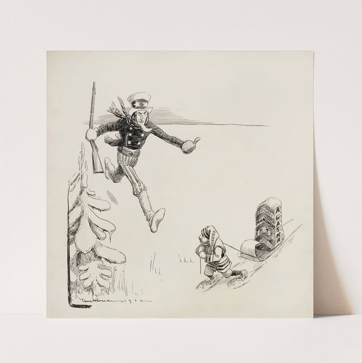 Uncle Sam runs to stop a small man, representing Canada, who is moving the 1825 Alaska Boundary Monument. (1902) by William Henry Walker