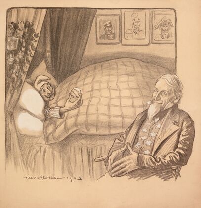 Uncle Sam sits, smiling, at the bedside of a sick man representing the Monroe Doctrine. (1903) — size preview