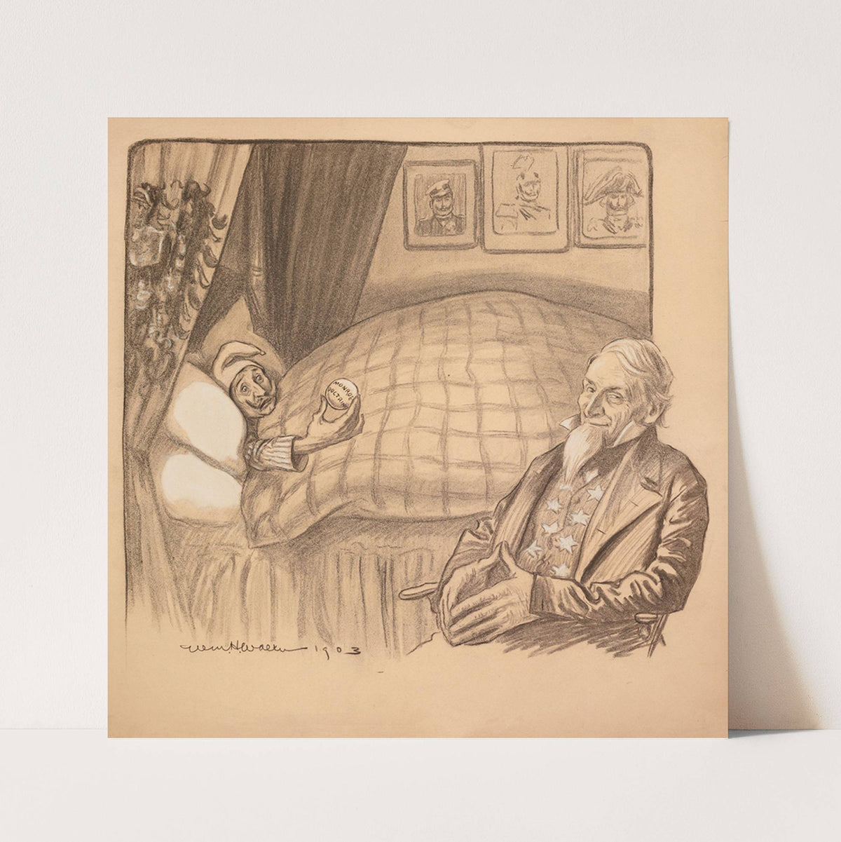 Uncle Sam sits, smiling, at the bedside of a sick man representing the Monroe Doctrine. (1903) by William Henry Walker