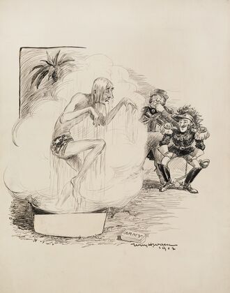 Uncle Sam, soaking wet in a wash tub, with a bar of ‘army’ soap (1902)