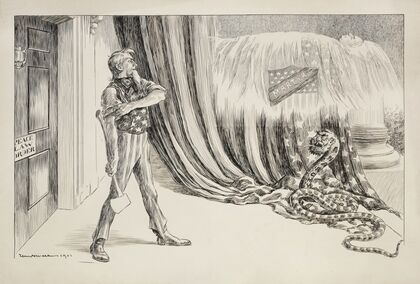 Uncle Sam stands before a door labeled ‘peace, law, order’ and prepares to strike a snake representing anarchy (1902)
