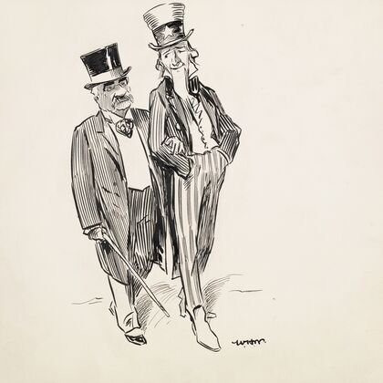 Uncle Sam walks arm-in-arm with a wealthy man, probably J. Pierpont Morgan (1911)