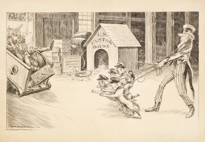 Uncle Sam with U.S. Custom Officials depicted as attack dogs, confronting passengers as they disembark from a ship after a world cruise. (1906)