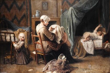 Une chambre où une servante habille des enfants