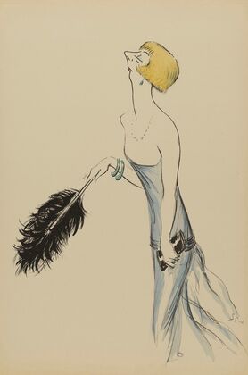 une femme en robe bleue tenant une plume d’autruche noire (1920)