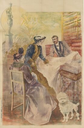 Une jeune femme touche l’étoffe et une plus agée est assise sur une chaise avec un caniche blanc à ses côtés (1892)